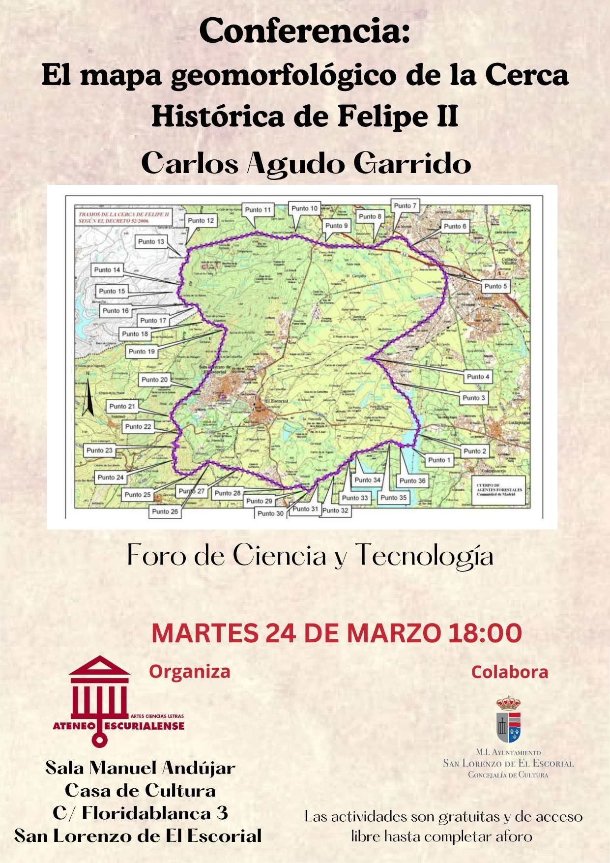 El Ateneo Escurialense me ha invitado a impartir una conferencia sobre el mapa geomorfológico de la Cerca Histórica de Felipe II, el próximo martes 24 de marzo a las 18.00h en la Casa de Cultura de San Lorenzo de El Escorial